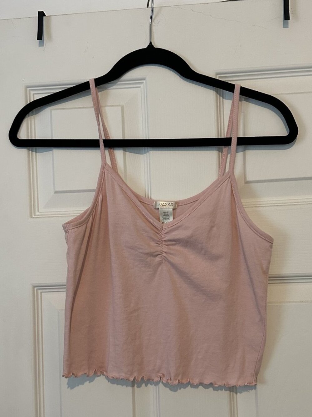 Bozzolo Light Pink Ruched V-Neck Lettuce Hem Crop Cami Tank Top
